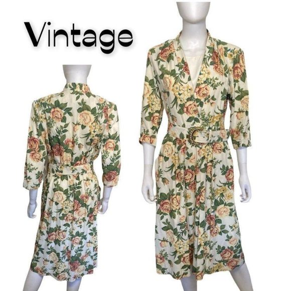 Vintage Dresses & Skirts - Vintage 1980s RJ Stevens belted floral midi dress size medium cream pink